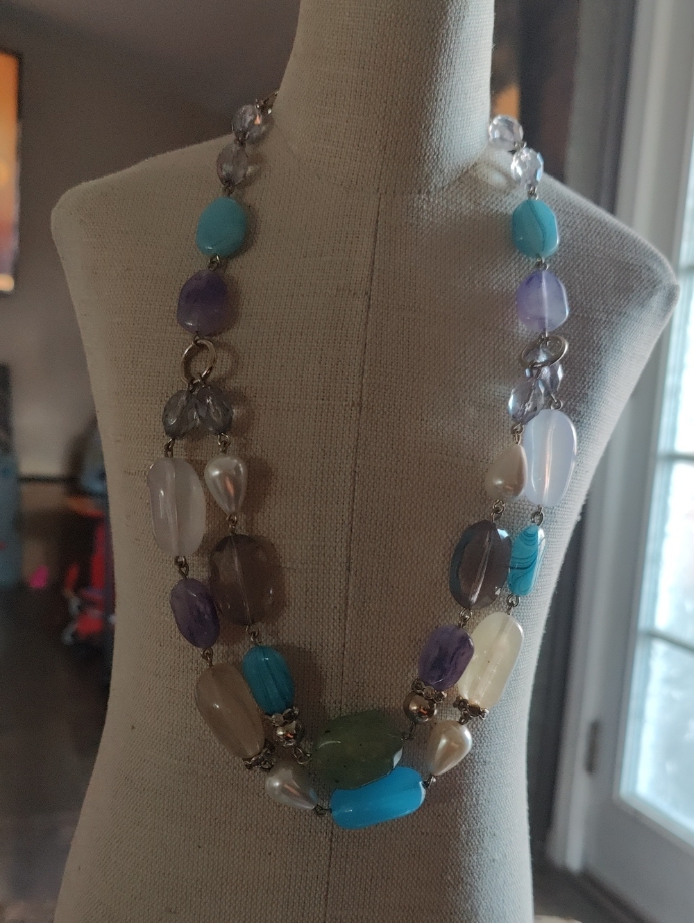 Handcrafted Multi-Stone Long Necklace in Turquoise, Purple, and Cream